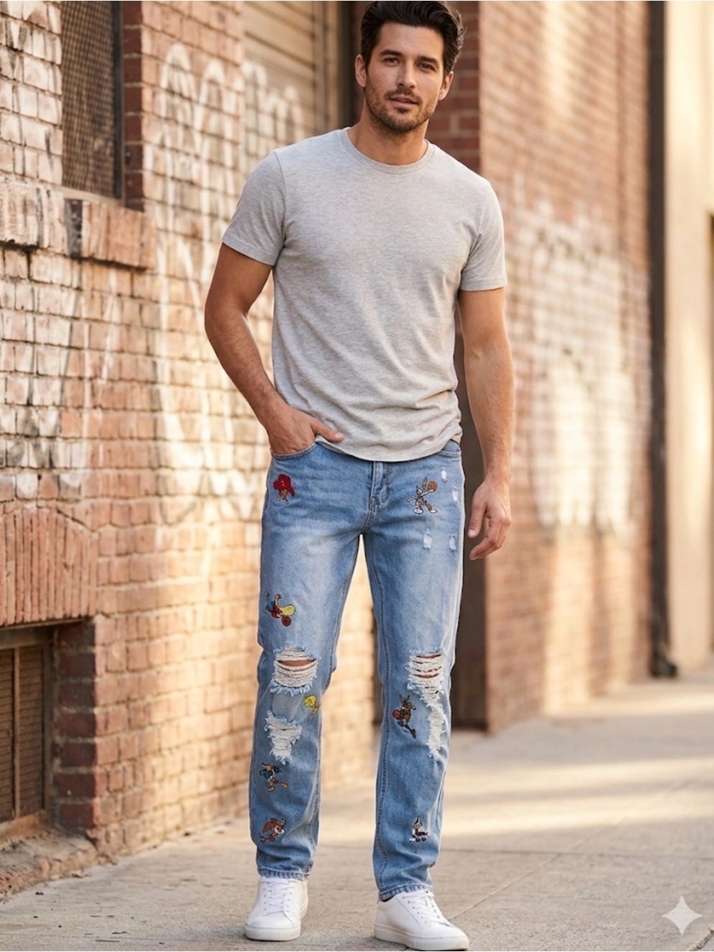 Forever 21 space jam Looney Tunes Men's Light Blue Distressed Embroidered Jeans